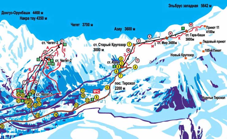 Фото: Схема трасс Эльбруса и Чегета
